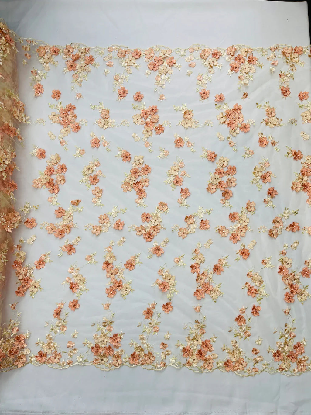 Multi-Color 3D Flower Fabric - Peach - Multi-Tone 3D Flower Lace Fabrics Sold By Yard