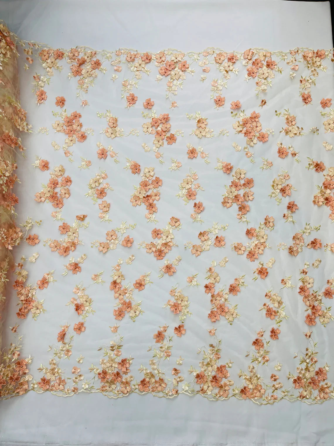 Multi-Color 3D Flower Fabric - Peach - Multi-Tone 3D Flower Lace Fabrics Sold By Yard