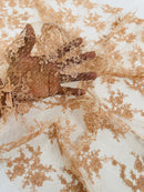 Embroidered Corded Lace Fabric - Peach - Cluster Fancy Flower Embroidered Lace Fabric By Yard