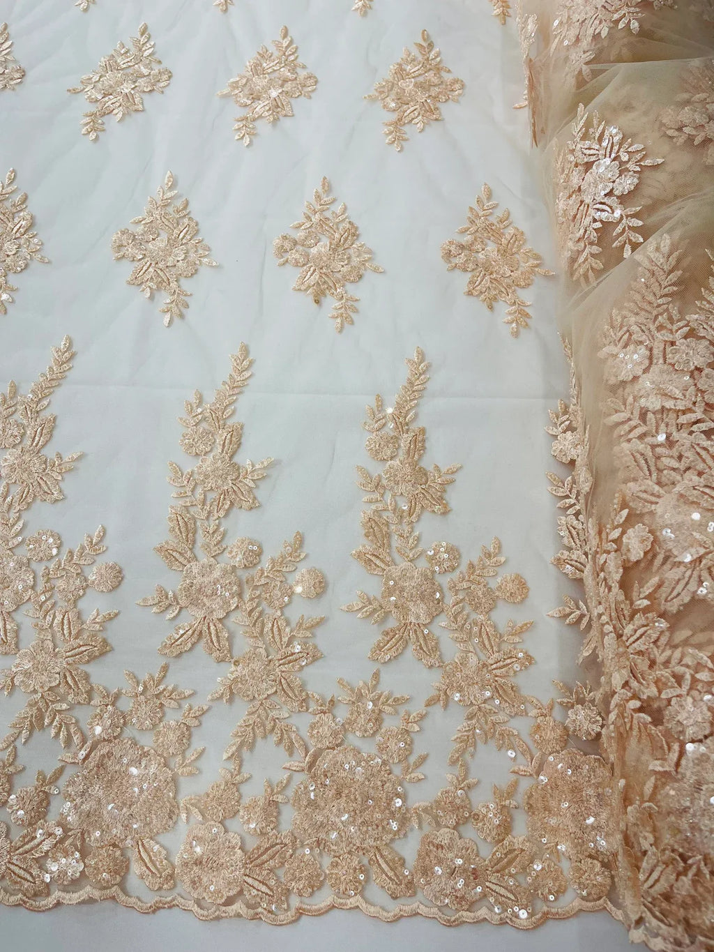 Beaded Rose Flower Fabric - Peach - Embroidered Beaded Long Border Floral Fabric By Yard