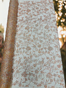 Floral Silver Beaded Fabric - Peach - Flower Design with Silver Beads and Sequins on Lace by Yard