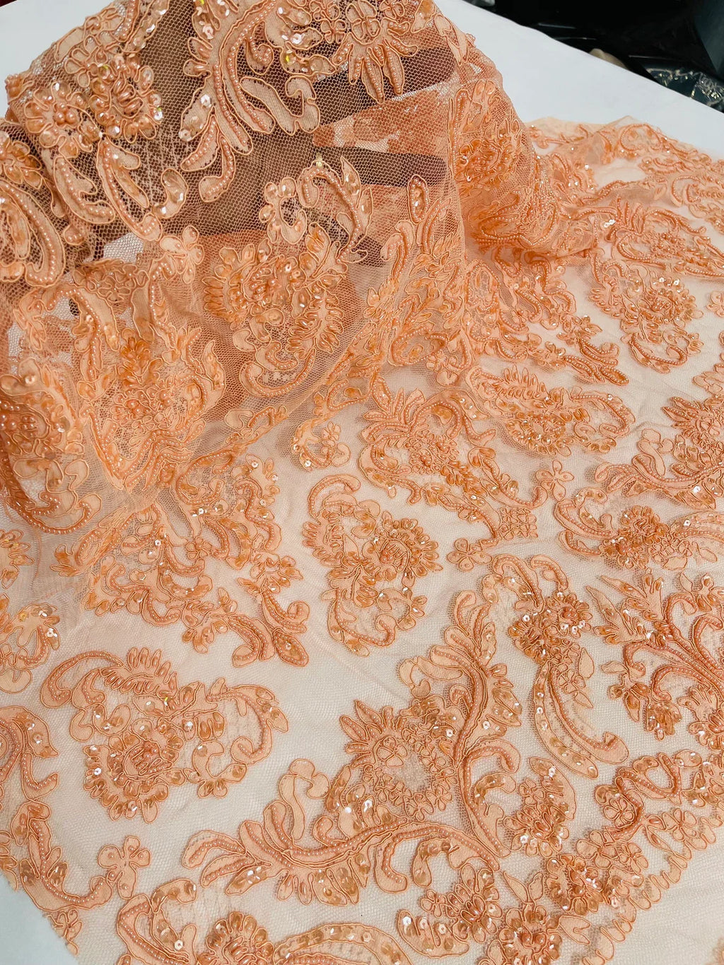 Beaded My Lady Damask Design - Peach - Beaded Fancy Damask Embroidered Fabric By Yard