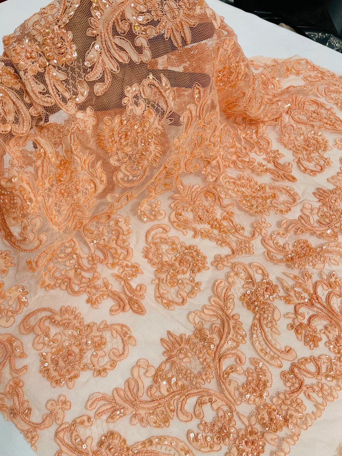 Beaded My Lady Damask Design - Peach - Beaded Fancy Damask Embroidered Fabric By Yard