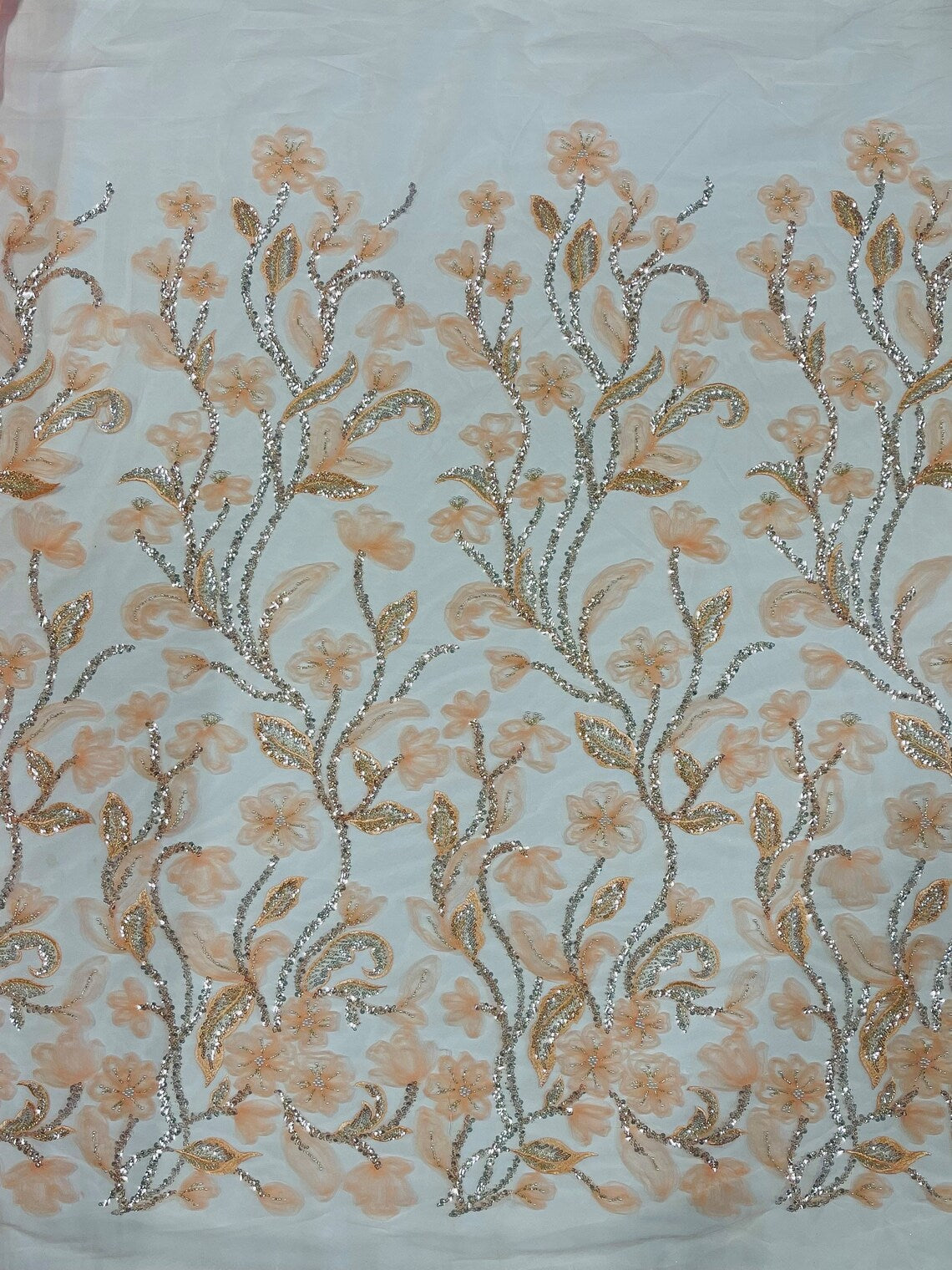 3D Tulle Flower Bead Fabric - Peach - Mesh Flower Plant Design with Beads By Yard