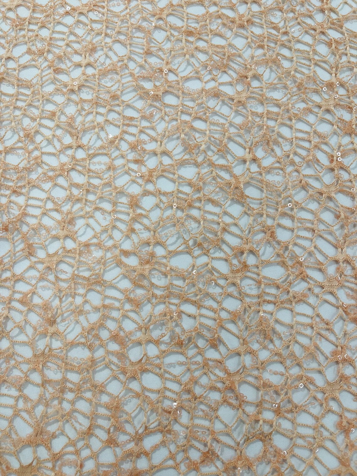 Cast Net Sequins Fabric - Peach - Embroidery Fish Net Design Sequins Lace Fabric By Yard