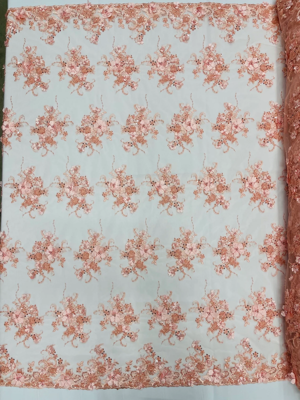 3D Flower Sequins Design - Peach - Embroidered Pearl Sequins Floral Clusters Lace Fabric By Yard