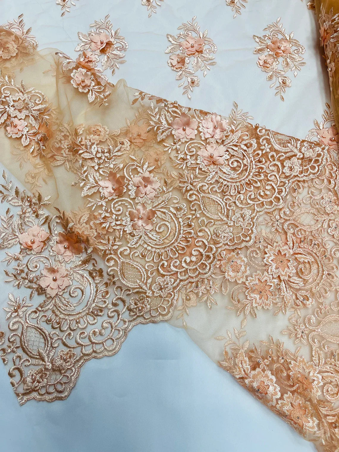 3D Fancy Floral Design Fabric - Peach - 3D Flower Fabric with Small Beads on Lace Sold By Yard