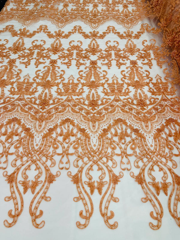 Damask Bead Fabric - Peach - Embroidered Glamorous Fabric with Round Beads Sold By Yard