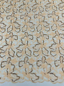 Small Flower Sequins Lace Fabric - Peach - Embroidered Floral Pattern Fabric with Sequins on Lace By Yard