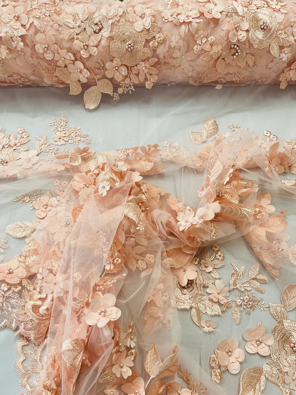 Floral 3D Rose Fabric - Peach - Embroided Rose Flower Design Fabric Sold by Yard