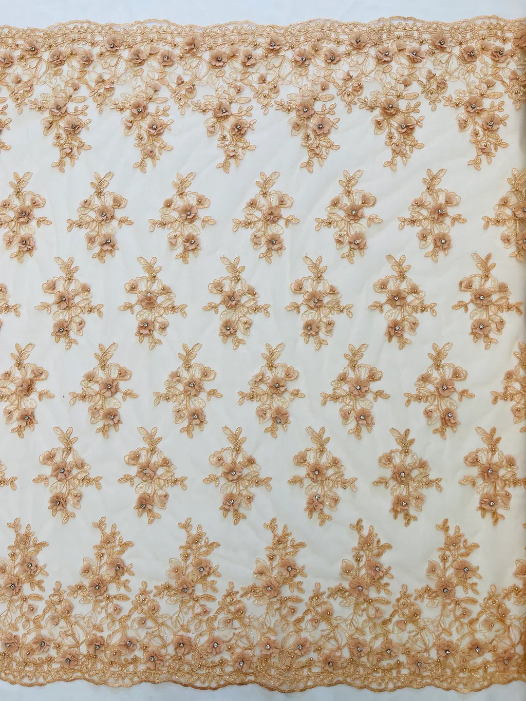 3D Embroidered Floral Fabric - Peach - 3D Rhinestone and Sequins Floral Fabric Sold By Yard