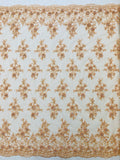 3D Embroidered Floral Fabric - Peach - 3D Rhinestone and Sequins Floral Fabric Sold By Yard