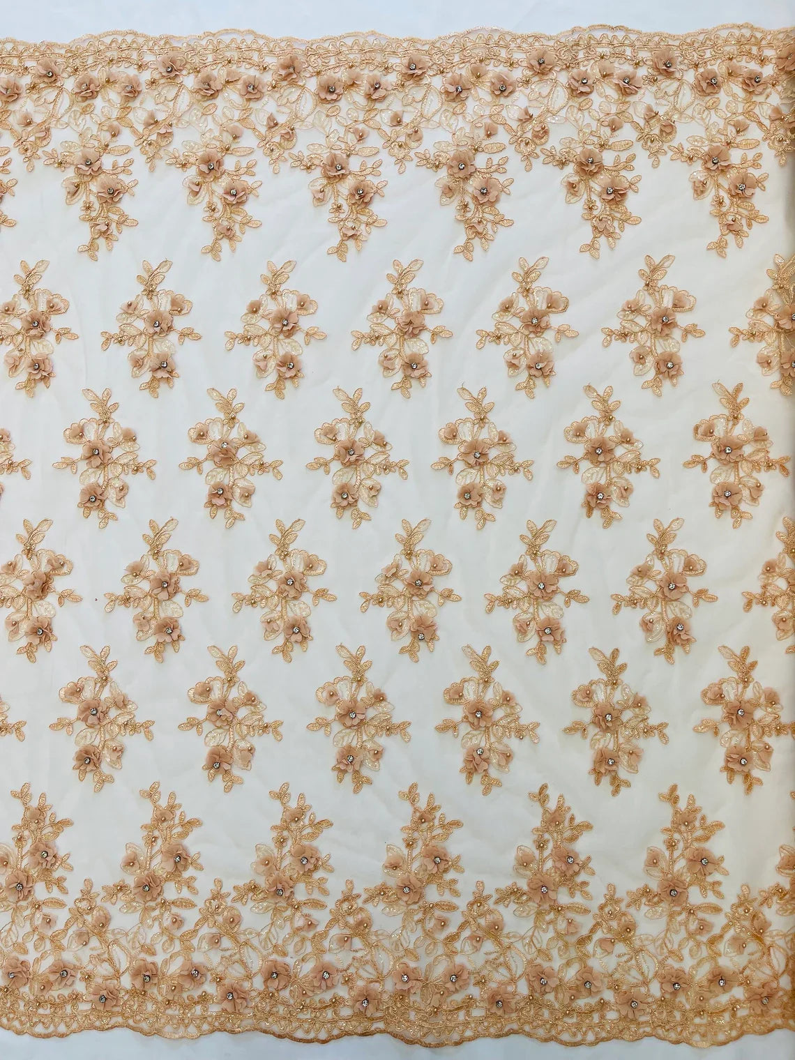 3D Embroidered Floral Fabric - Peach - 3D Rhinestone and Sequins Floral Fabric Sold By Yard