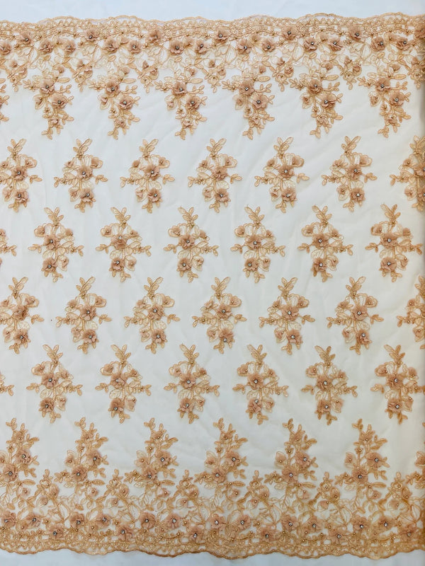 3D Embroidered Floral Fabric - Peach - 3D Rhinestone and Sequins Floral Fabric Sold By Yard