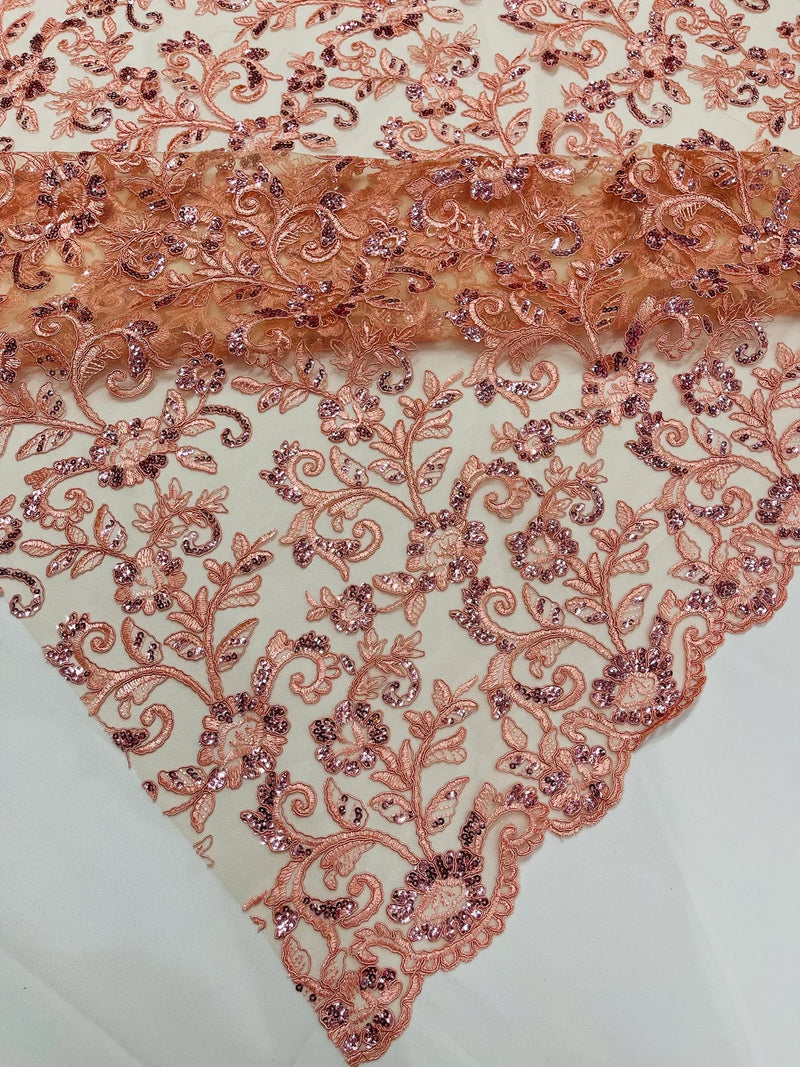 Corded Sequin Floral Fabric - Peach - Embroidery Design With Sequins on a Mesh Lace Fabric Sold By Yard