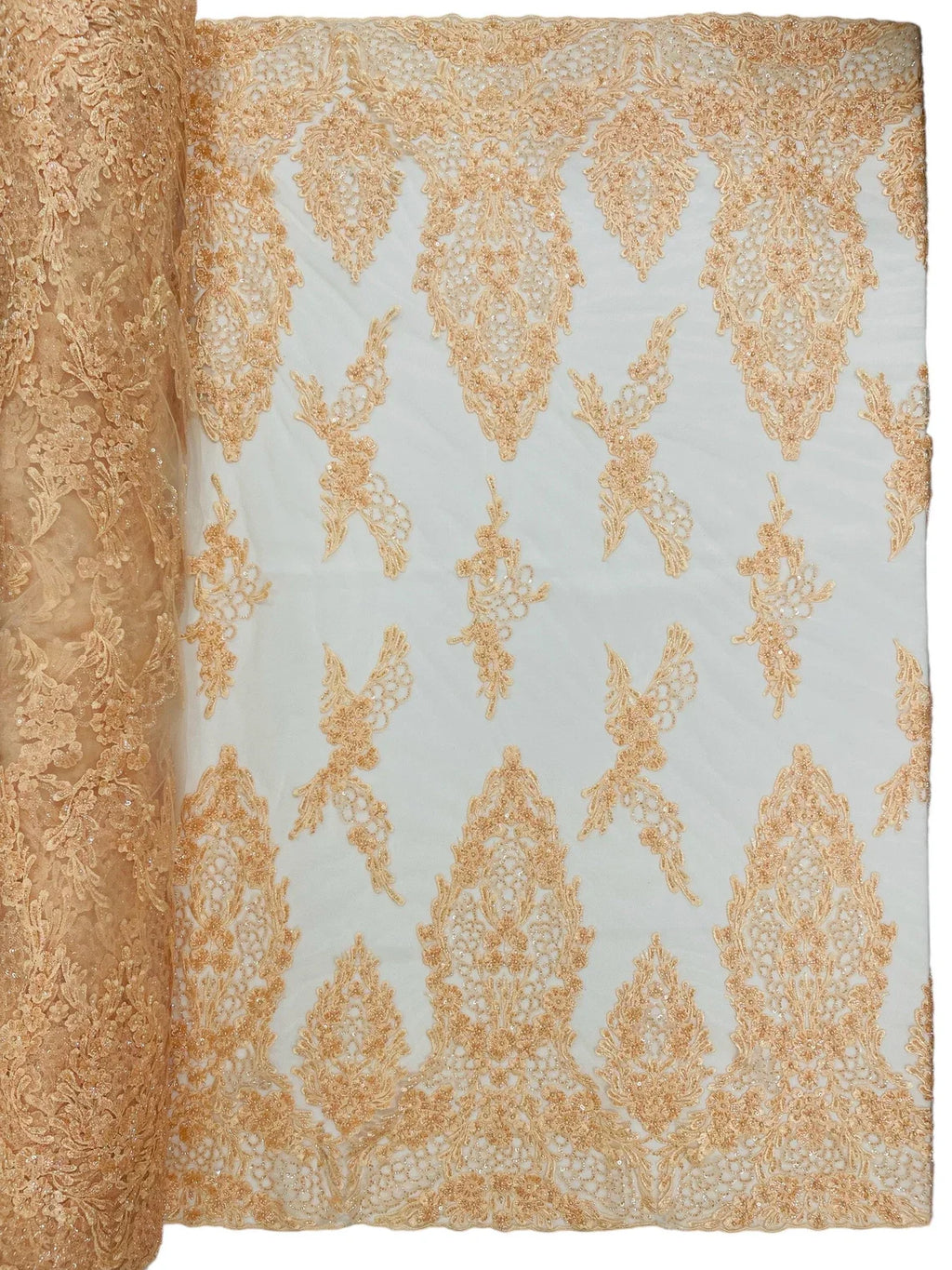 Heavy Bead Floral Fabric - Peach - Beaded Flower Design Fabric Fancy Border By Yard