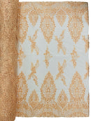 Heavy Bead Floral Fabric - Peach - Beaded Flower Design Fabric Fancy Border By Yard