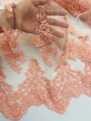 Beaded Floral Fabric - Peach - Embroidered Flower Cluster Beaded Fabric Sold By Yard