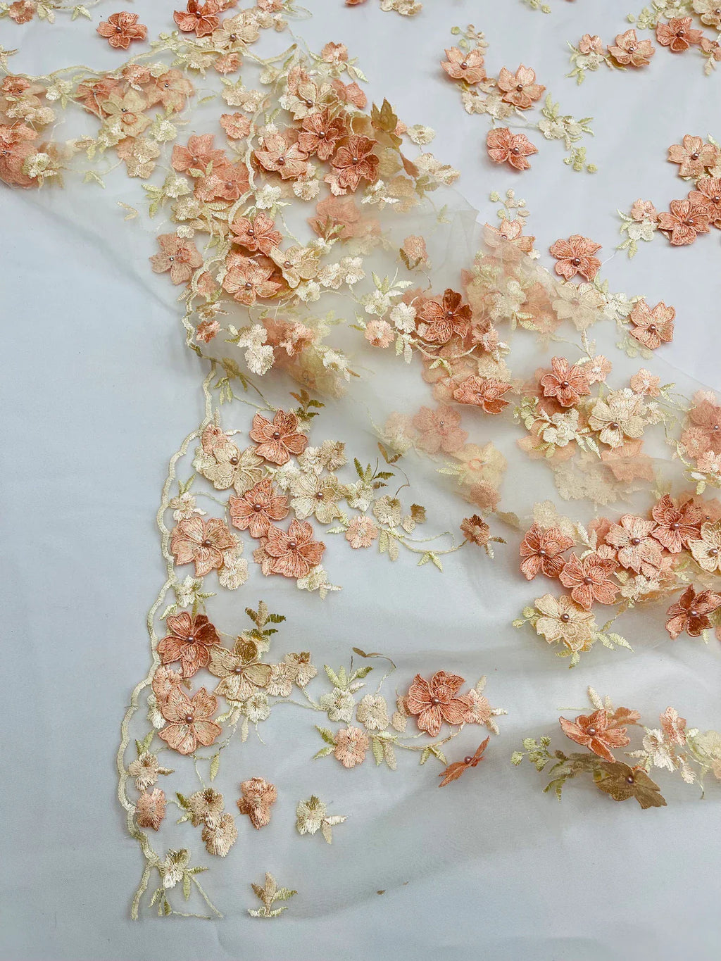 Multi-Color 3D Flower Fabric - Peach - Multi-Tone 3D Flower Lace Fabrics Sold By Yard