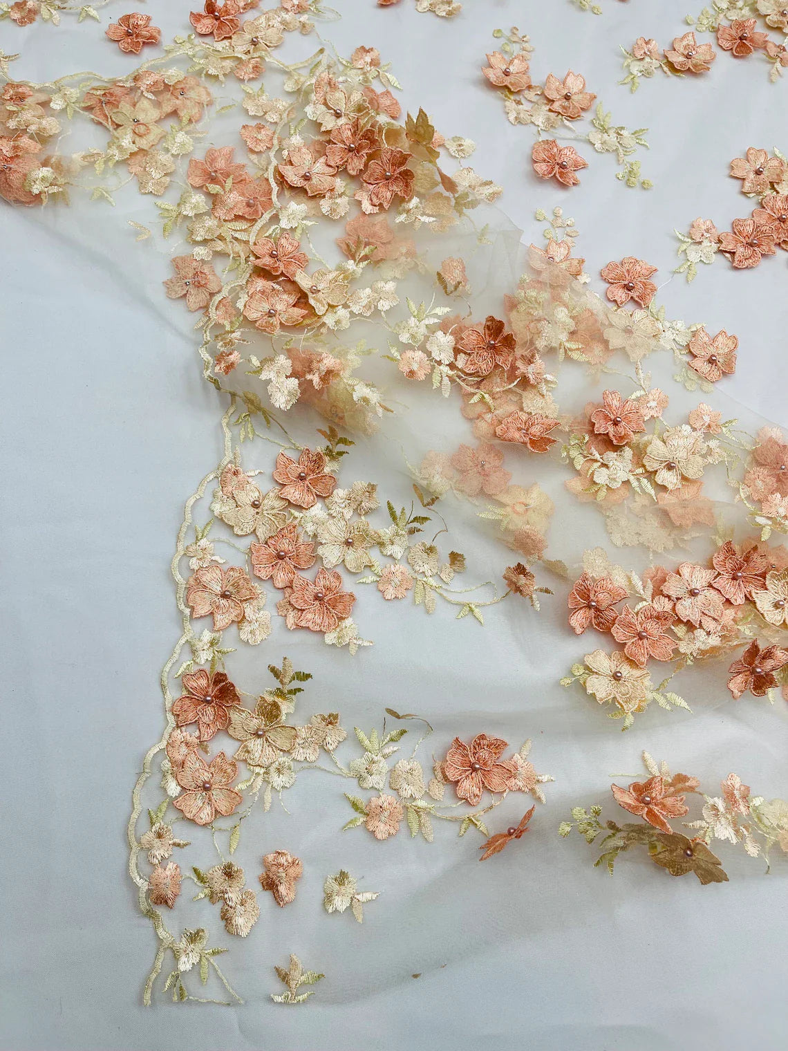 Multi-Color 3D Flower Fabric - Peach - Multi-Tone 3D Flower Lace Fabrics Sold By Yard