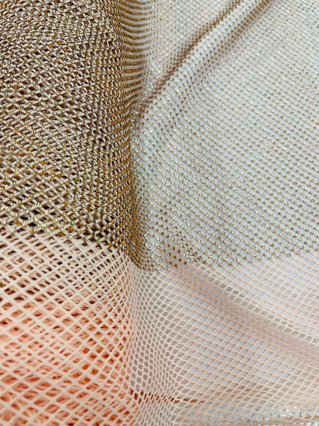 Fish Net Spandex Rhinestone Fabric - Peach - Solid Spandex Fish Net Design Fabric with Rhinestones by Yard