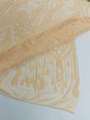 Zig Zag Design Sequins - Peach - 4 Way Stretch Embroidered Zig Zag Sequins Lace Fabric By The Yard