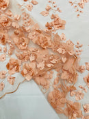 3D Floral Pearl Fabric - Peach - Embroidered Floral Pearl Fabric Double Border On Mesh By Yard