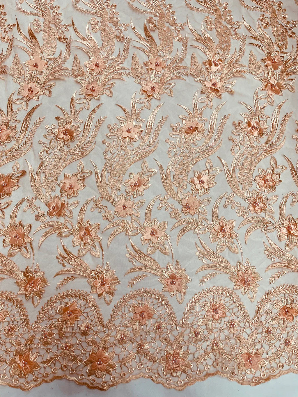 3D Floral Leaf Panels - Peach - Embroidered 3D Flower Lines with Pearls on Lace By Yard