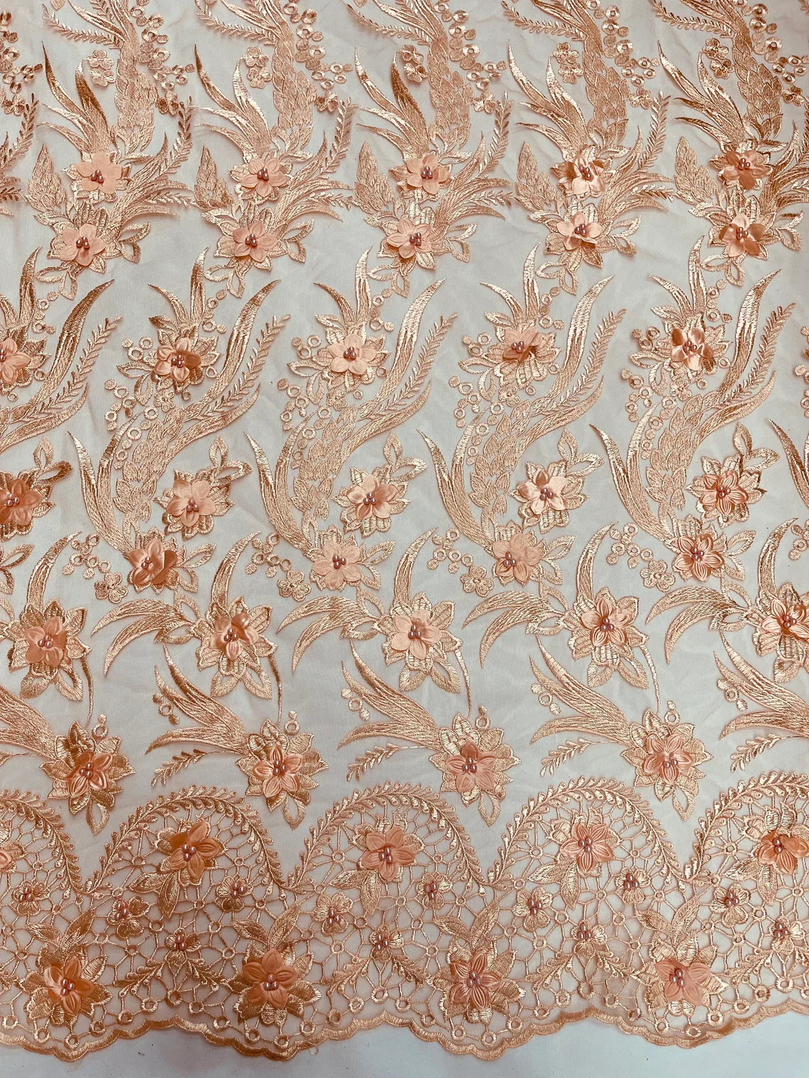 3D Floral Leaf Panels - Peach - Embroidered 3D Flower Lines with Pearls on Lace By Yard