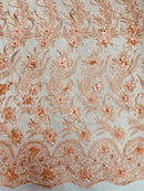 3D Floral Leaf Panels - Peach - Embroidered 3D Flower Lines with Pearls on Lace By Yard