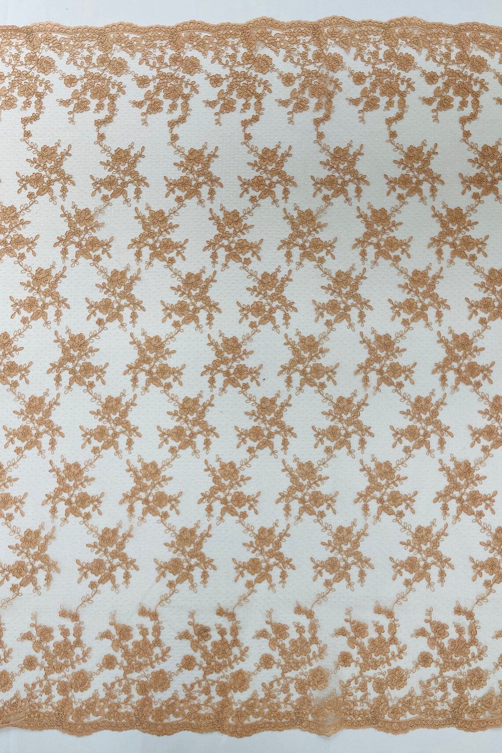 Embroidered Corded Lace Fabric - Peach - Cluster Fancy Flower Embroidered Lace Fabric By Yard