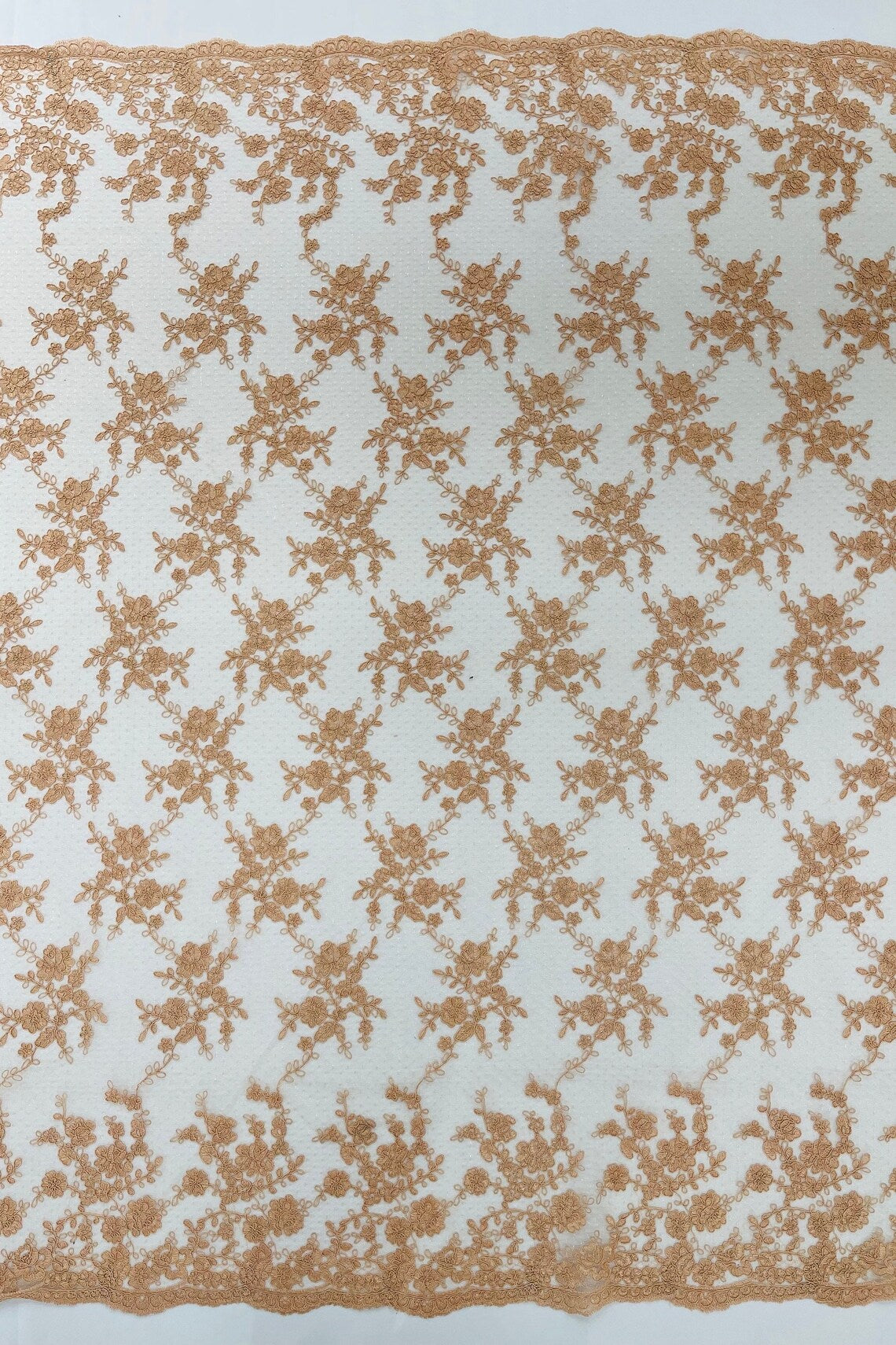 Embroidered Corded Lace Fabric - Peach - Cluster Fancy Flower Embroidered Lace Fabric By Yard