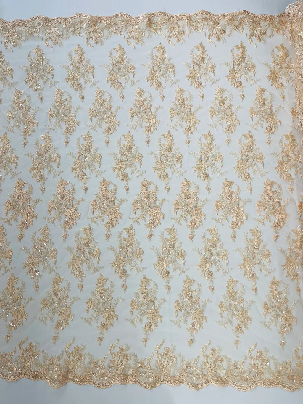 Beaded Flower Sequins Fabric - Peach - Embroidered Beaded Floral Clusters Sequins Fabric By Yard