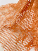 Damask on Net Lace Fabric - Peach - Embroidered Lace Mesh Damask Design Fabric by Yard