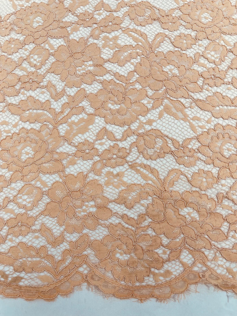 Corded Lace Fabric - Peach - Embroidered Flower Design Lace Fabric Sol