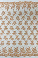 Embroidered Corded Lace Fabric - Peach - Cluster Fancy Flower Embroidered Lace Fabric By Yard