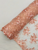 3D Flower Sequins Design - Peach - Embroidered Pearl Sequins Floral Clusters Lace Fabric By Yard