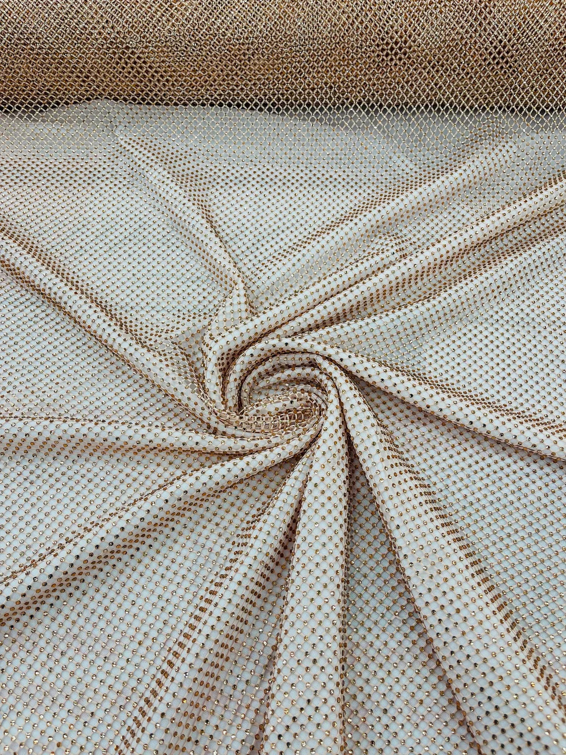 Fish Net Spandex Rhinestone Fabric - Peach - Solid Spandex Fish Net Design Fabric with Rhinestones by Yard