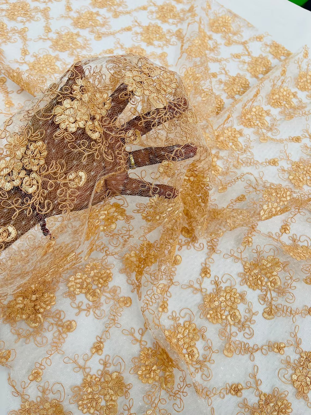 Embroidered Flower Fabric - Peach - Floral Design Scalloped Border Fabric By Yard