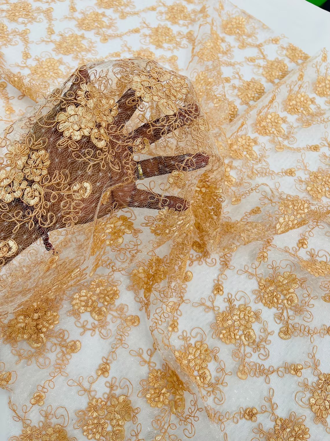 Embroidered Flower Fabric - Peach - Floral Design Scalloped Border Fabric By Yard