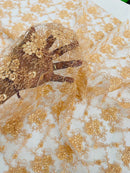 Embroidered Flower Fabric - Peach - Floral Design Scalloped Border Fabric By Yard