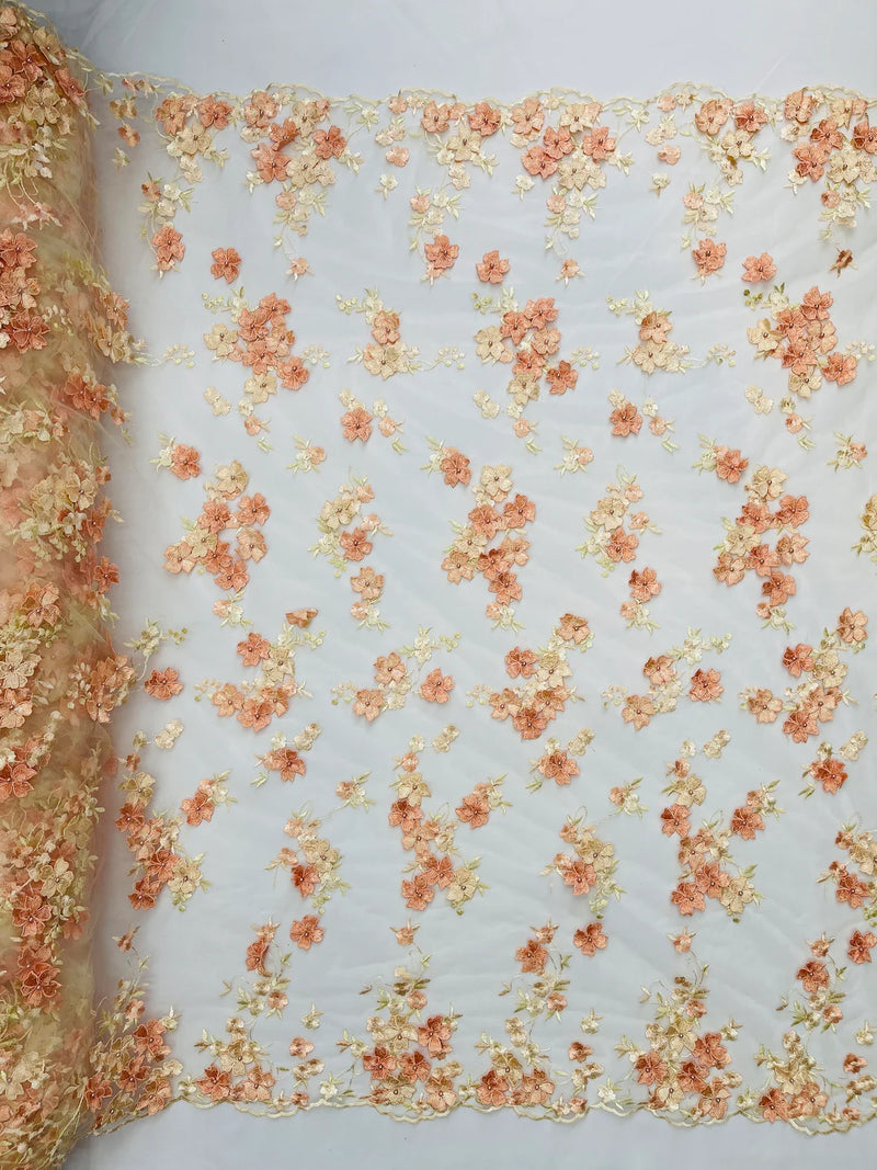 Multi-Color 3D Flower Fabric - Peach - Multi-Tone 3D Flower Lace Fabrics Sold By Yard