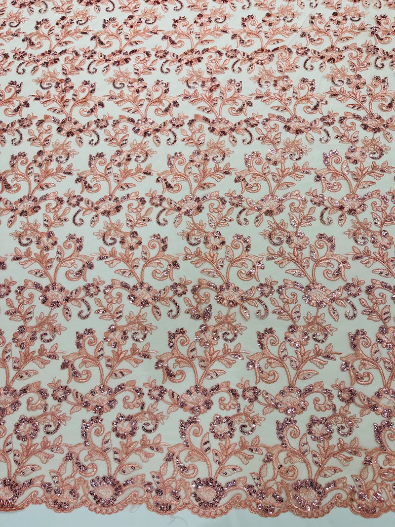 Corded Sequin Floral Fabric - Peach - Embroidery Design With Sequins on a Mesh Lace Fabric Sold By Yard