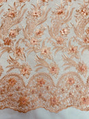 3D Floral Leaf Panels - Peach - Embroidered 3D Flower Lines with Pearls on Lace By Yard