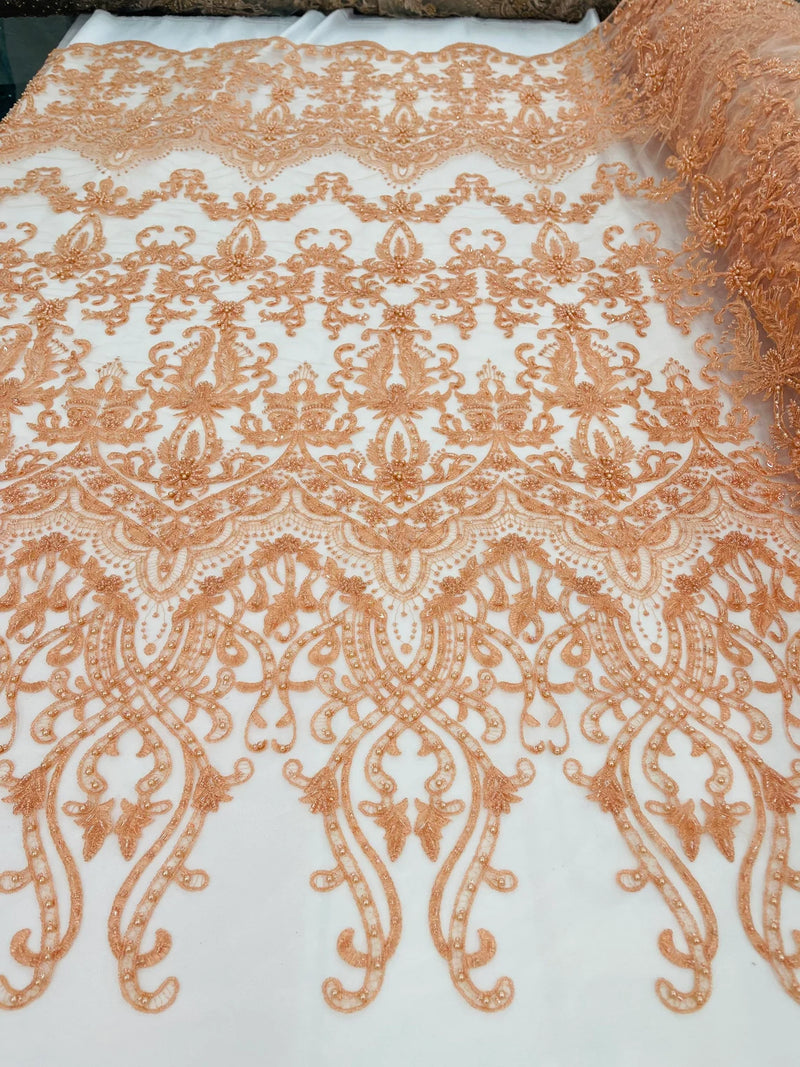 Damask Bead Fabric - Peach - Embroidered Glamorous Fabric with Round Beads Sold By Yard
