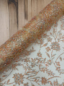 Floral Silver Beaded Fabric - Peach - Flower Design with Silver Beads and Sequins on Lace by Yard