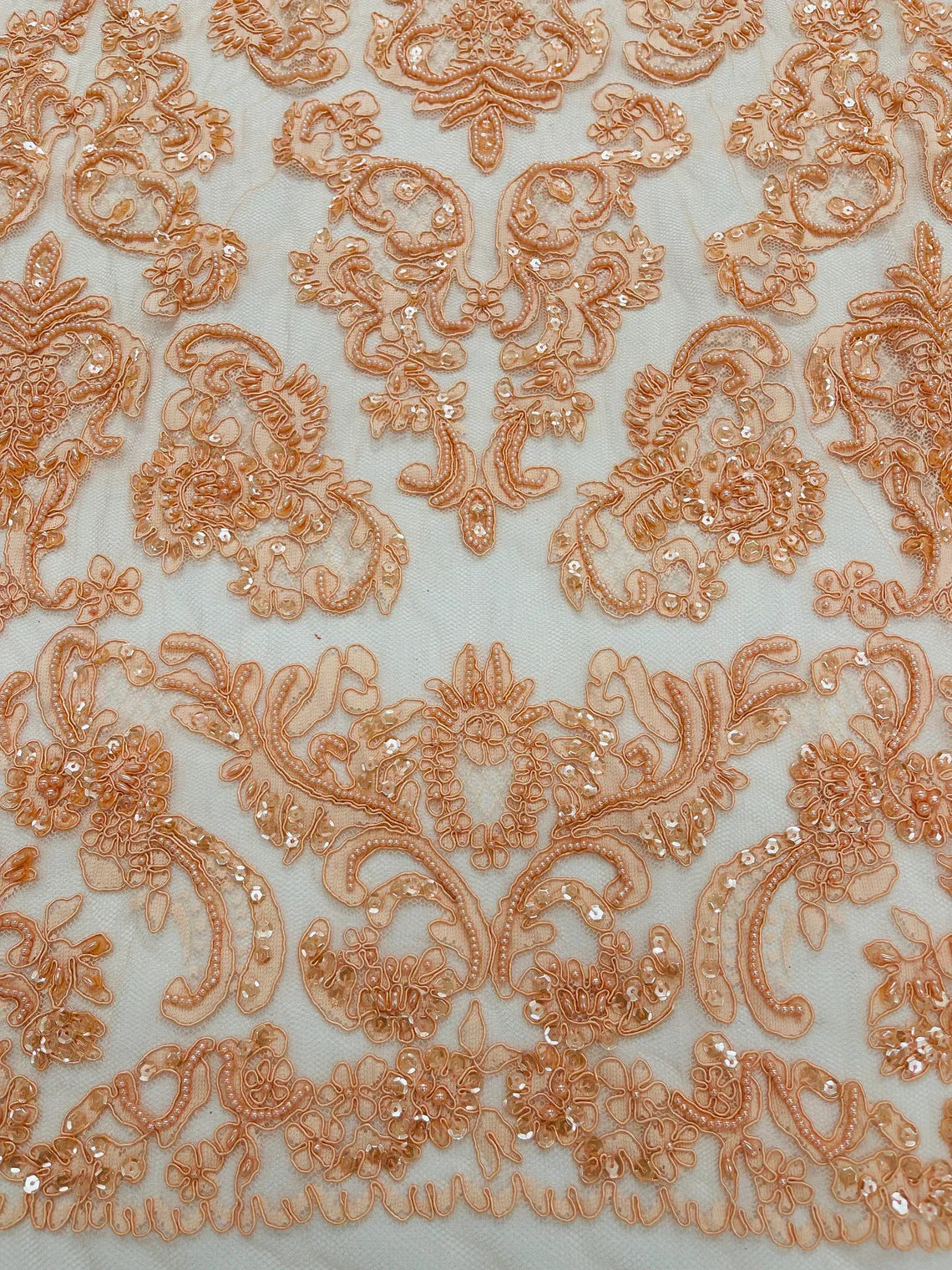 Beaded My Lady Damask Design - Peach - Beaded Fancy Damask Embroidered Fabric By Yard
