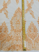 Heavy Bead Floral Fabric - Peach - Beaded Flower Design Fabric Fancy Border By Yard