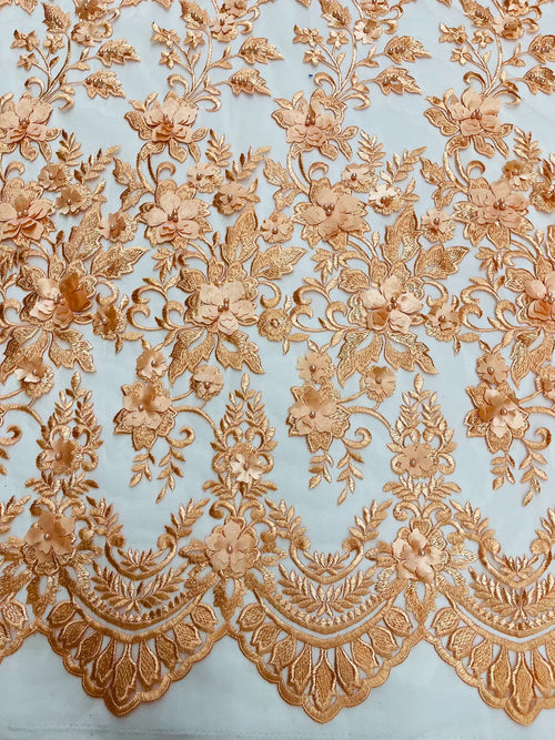3D Scalloped Border Fabric - Peach - 3D Flowers Embroidered on Lace Sold By Yard