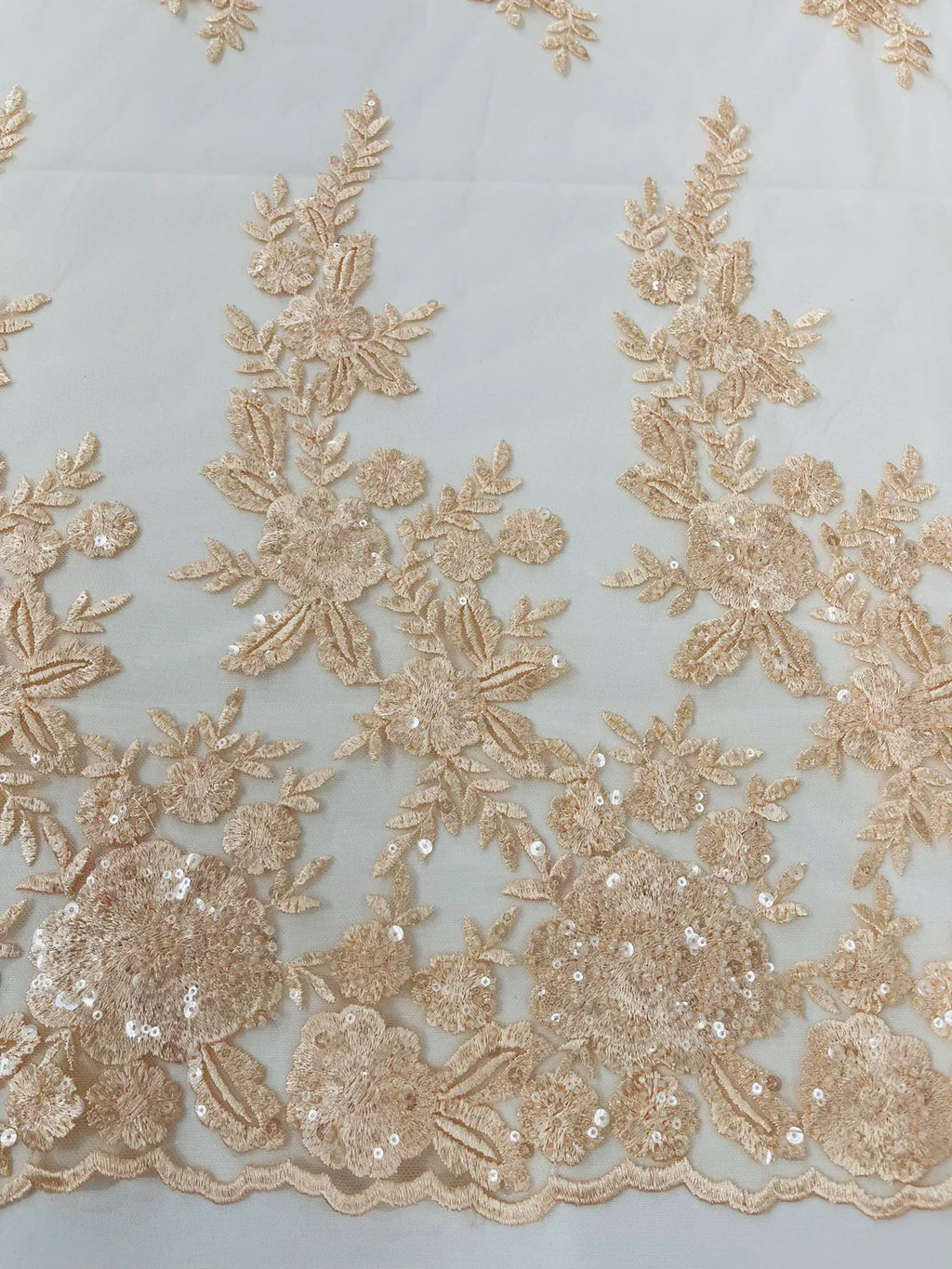 Beaded Rose Flower Fabric - Peach - Embroidered Beaded Long Border Floral Fabric By Yard